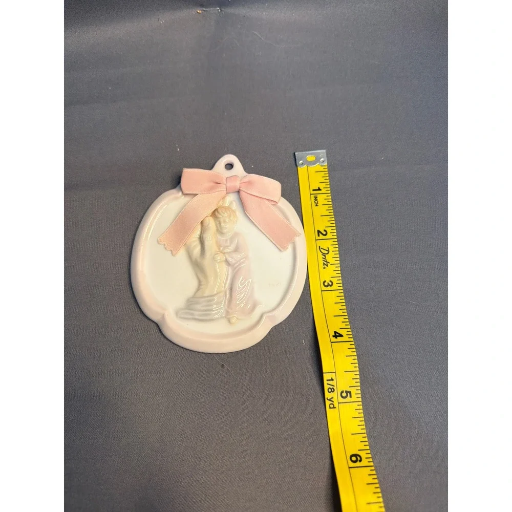 Vintage Roman Japan Porcelain Praying Child Wall Plaque Ornament Pink Bow